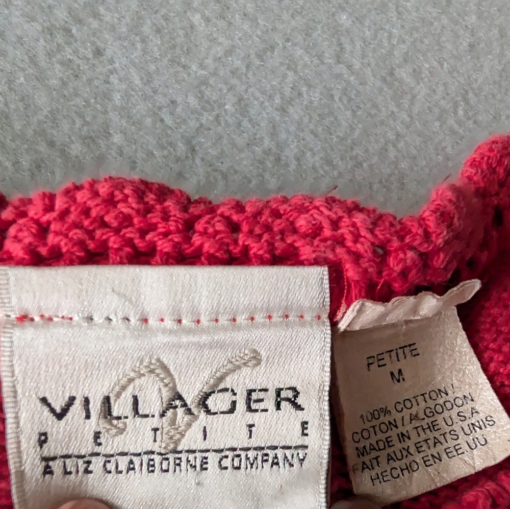 Vintage Villager Red Pointelle Knit Scalloped Edge Pullover Cotton Sweater MP image 6